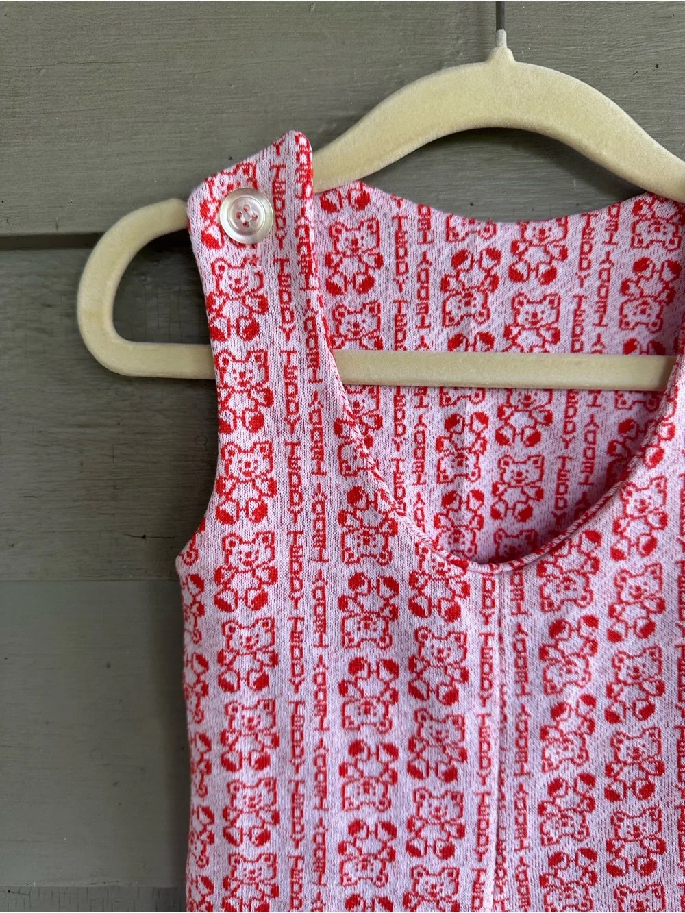 TEDDY 70s Novelty Bear Print Red Playsuit Onesie Size 0-3 Months